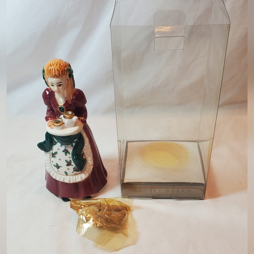 Christmas Incense Burner Figure Vtg 1999 Girl Woman Serving Tea Claire Burke